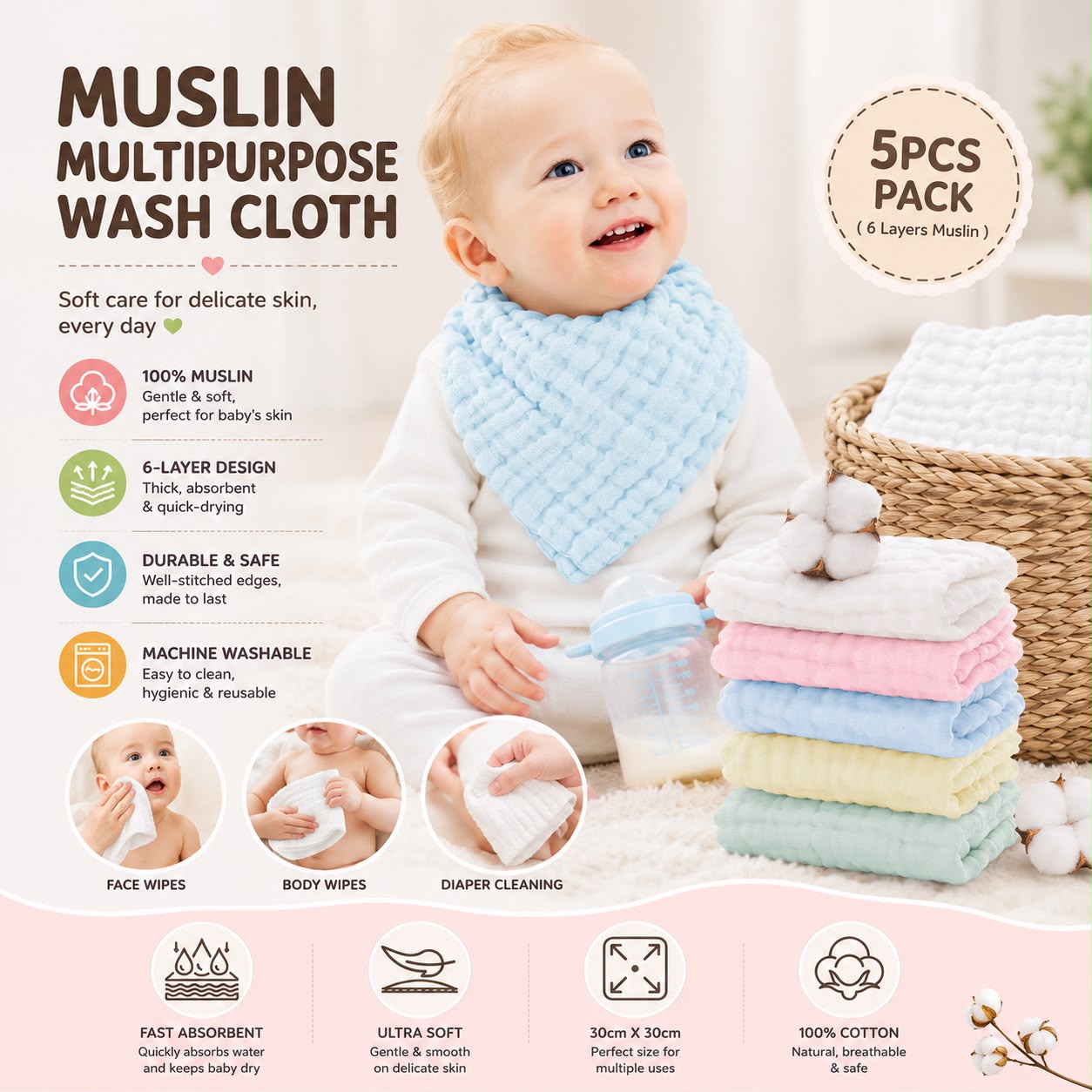 U:Baby Candy Roll Muslin Cotton Multipurpose Wash Cloths - 5pcs Pack